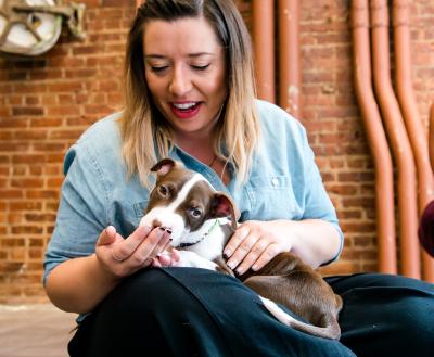 Person sitting on the ground with a small puppy