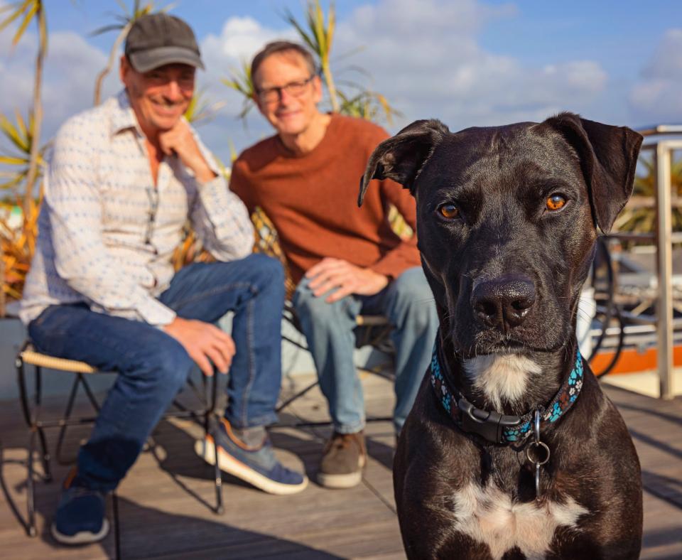 Smiling people sitting outside in a sunny spot with a big dog