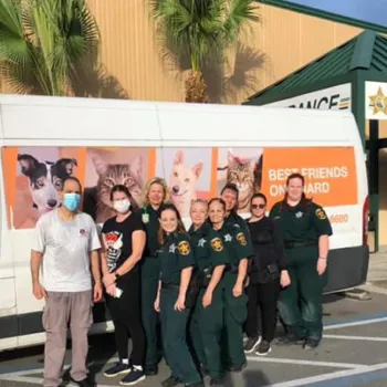 Cat transport volunteers in front of a transport van