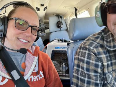 Dixon the cat in a carrier behind Amy on the flight to UC Davis