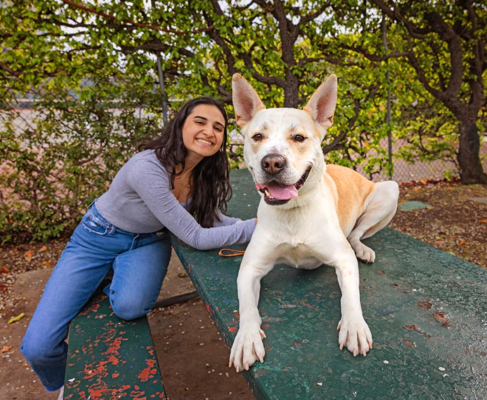 Smiling person sitting with a dog at a picnic table under some trees