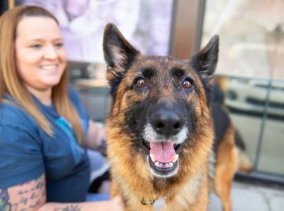 Smiling person looking at a dog they're sitting with on a sidewalk