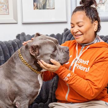 Smiling person relaxing on a couch with a big dog