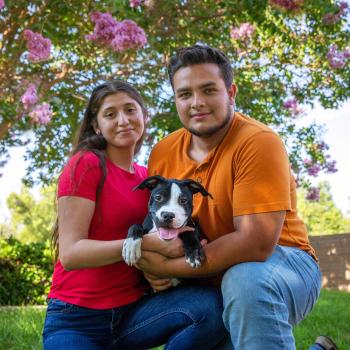 Two people kneeling in the grass while holding a puppy