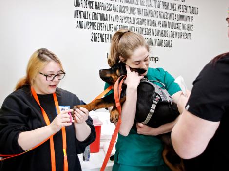 A person cradling a dog while another person checks out his feet at a Ruff Haven Crisis Sheltering clinic