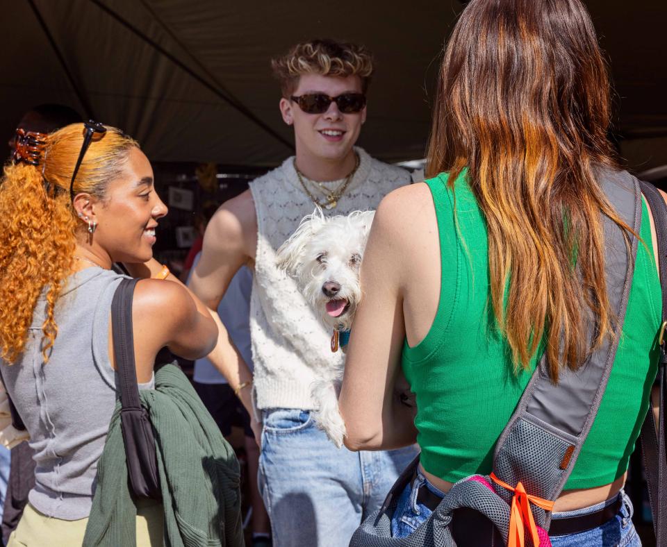 Person holding a small white dog talking to two other people