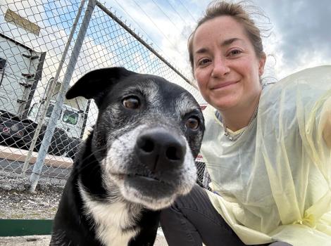 Sophia Proler selfie with Gus the black and white dog following the tornado in Pasadena