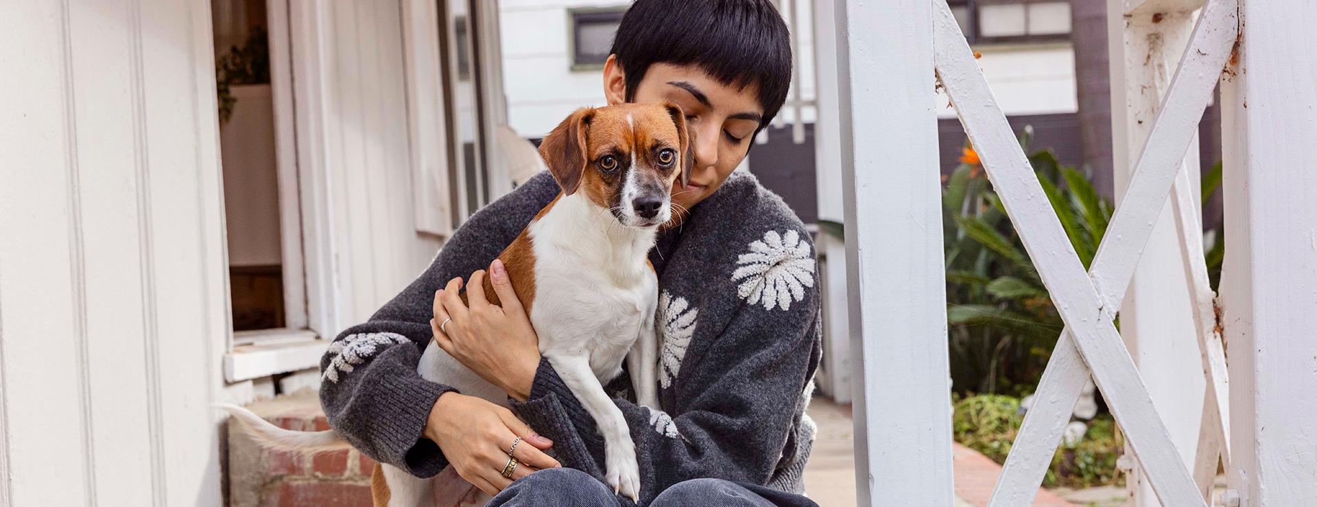 Smiling person hugging a small brown and white dog