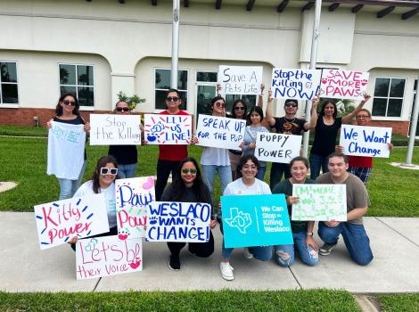 Group of people holding signs to celebrate Best Friends Day of Action in  Weslaco, Texas