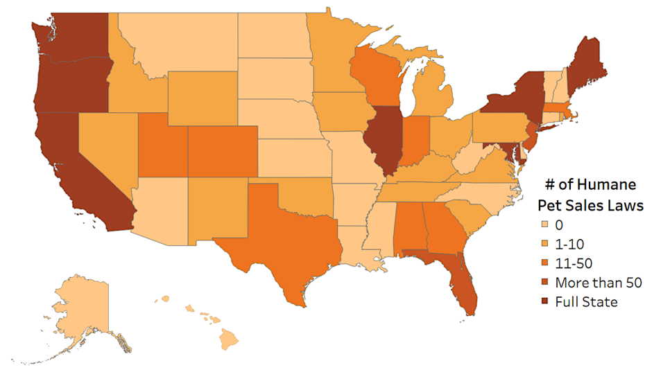 Color coded humane pet sales law map of the United States